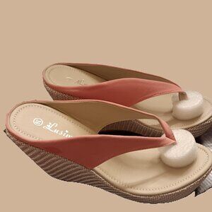 WOMEN’S PINK BOHEMIAN-STYLE HIGH-HEELED FLIP-FLOP WEDGE SANDALS, SIZE 7.5